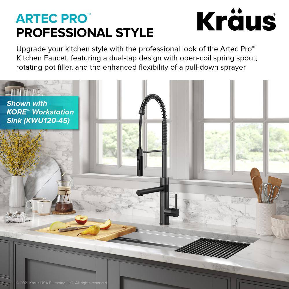 KRAUS Artec Pro Pull-Down Single Handle Kitchen Faucet with Pot Filler in Matte Black  Spot Free Black Stainless Steel KPF-1604MBSFSB