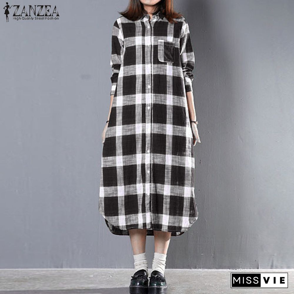 Zanzea Women Full Sleeve Lapel Collar Plaid Printed Straight Check Dress Casual Loose Dresses