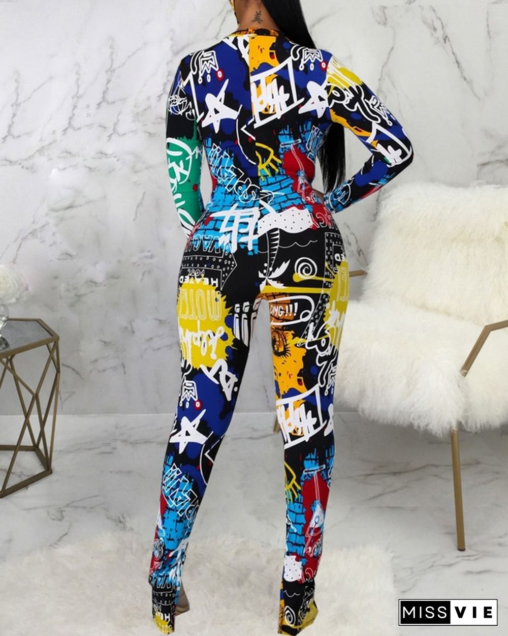 Graphic Print Zipper Front Skinny Jumpsuit With Face Mask