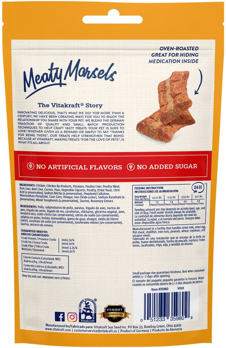 Vitakraft Meaty Morsels Chicken Recipe with Beef Soft and Chewy Dog Treats， 4.2-oz bag， 3 count