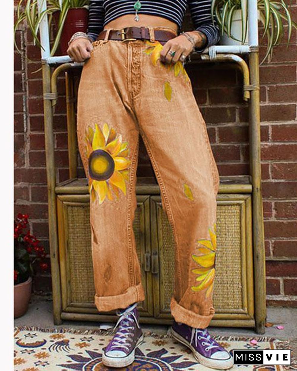 Women's Casual Print Washed Sun Flower Loose Jeans