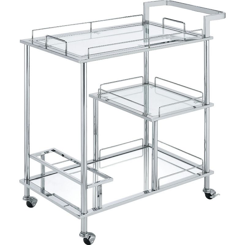 3 Tier Serving Cart with Glass Shelves and Metal Frame， Chrome