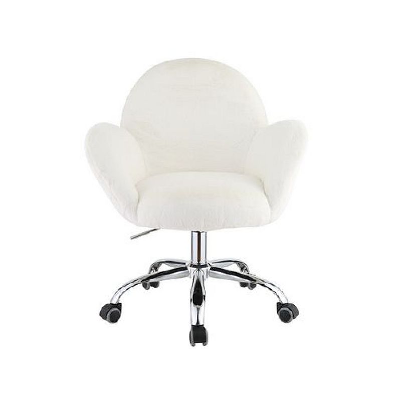 Swivel Office Chair with Rounded Back and Arms， White and Chrome