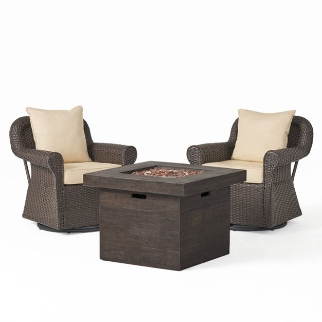 Avondale 3pc All weather Wicker Patio Chair Set W Fire Pit Dark Brown Christopher Knight Home