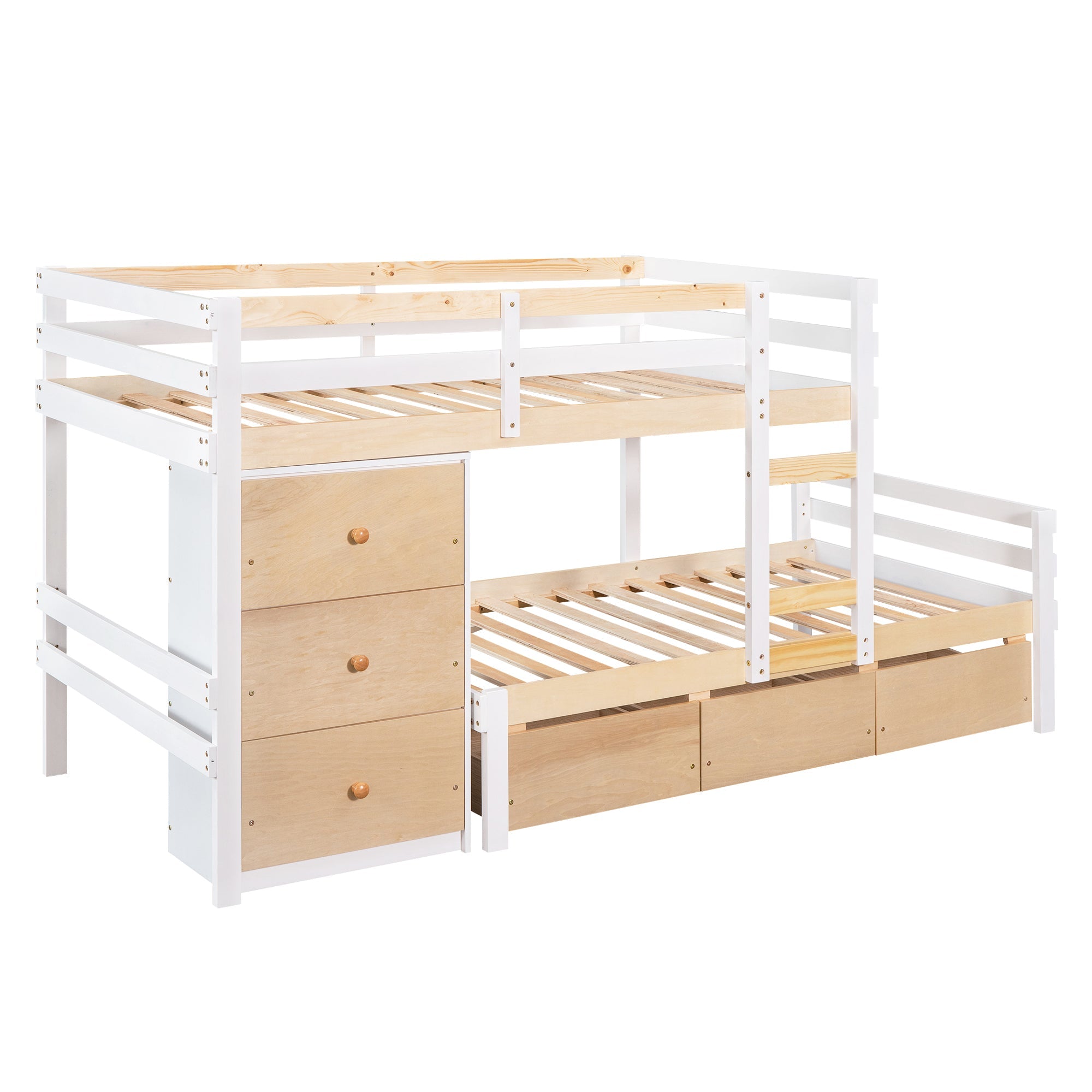 Twin over Twin Bunk Bed with Six Drawers for Kids Room, Natural