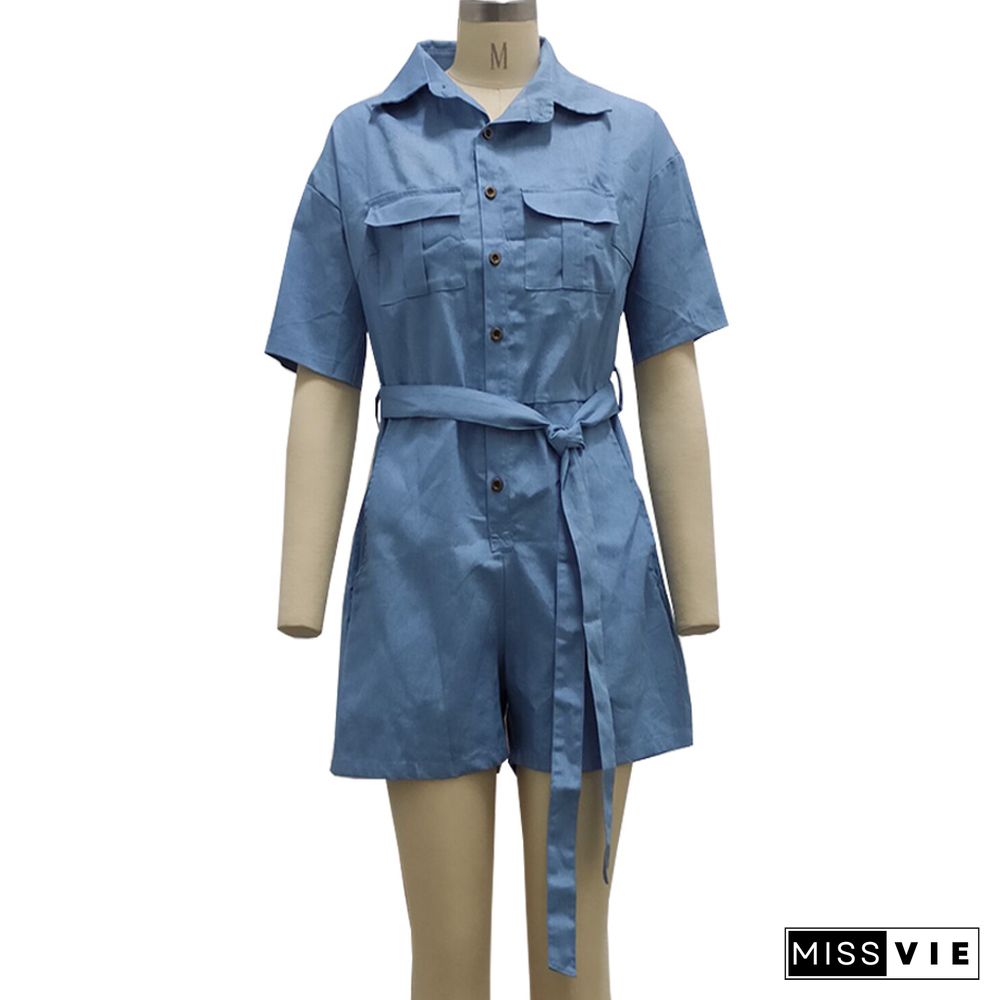 Short Sleeve Button Down Denim Rompers with Belt