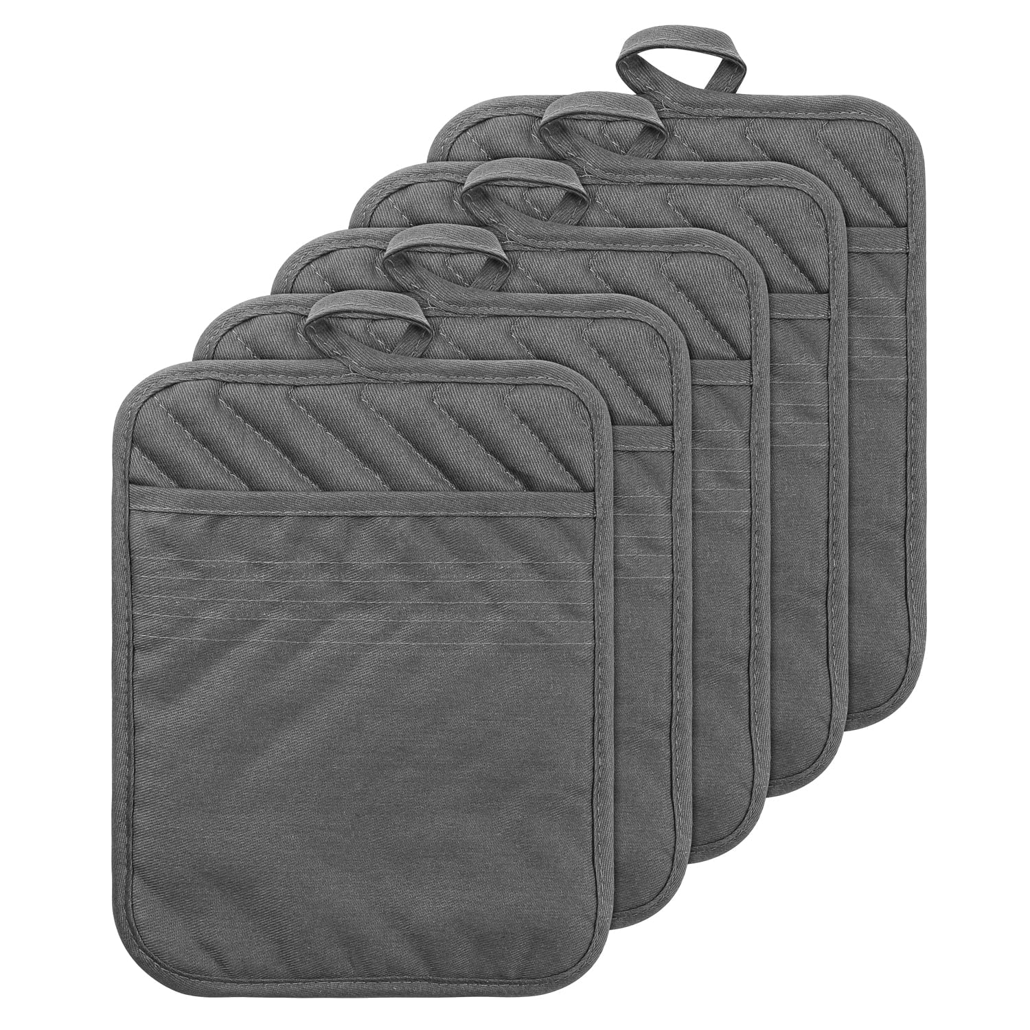 GROBRO7 5Pack Pocket Pot Holders Cotton Heat Resistant Potholder Multipurpose Hot Pads Machine Washable Oven Mitts Terry Cloth Potholders Bulk for Daily Kitchen Baking and Cooking 8.9 x 6.9 Inch Grey