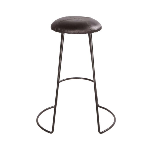 26 Inch Modern Counter Height Stool， Genuine Leather Upholstery， Metal Frame， Baseball Stitching， Black