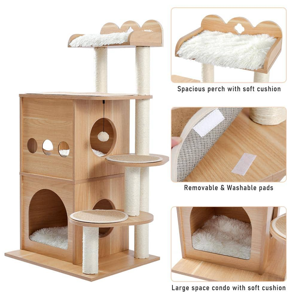 Foobrues 47.20 in. H Multi-Level MDF Pet Cats Scratching Posts and Trees with 2 Cozy Condos, Perch and Dangling Balls in Beige LNN-P23168427