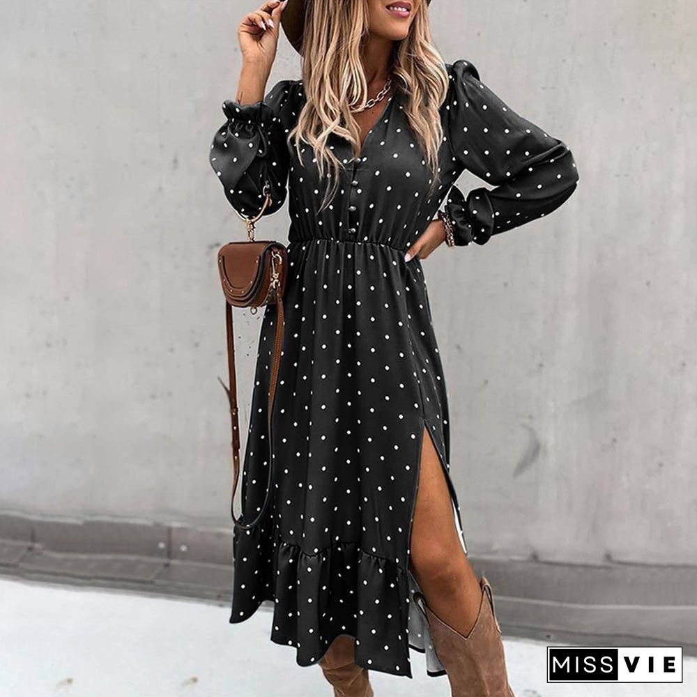 New Winter Autumn Woman Clothes Black V-neck Long Sleeve Dress Polka Dot Printing Slit Dresses Fashion Fall Women Clothing