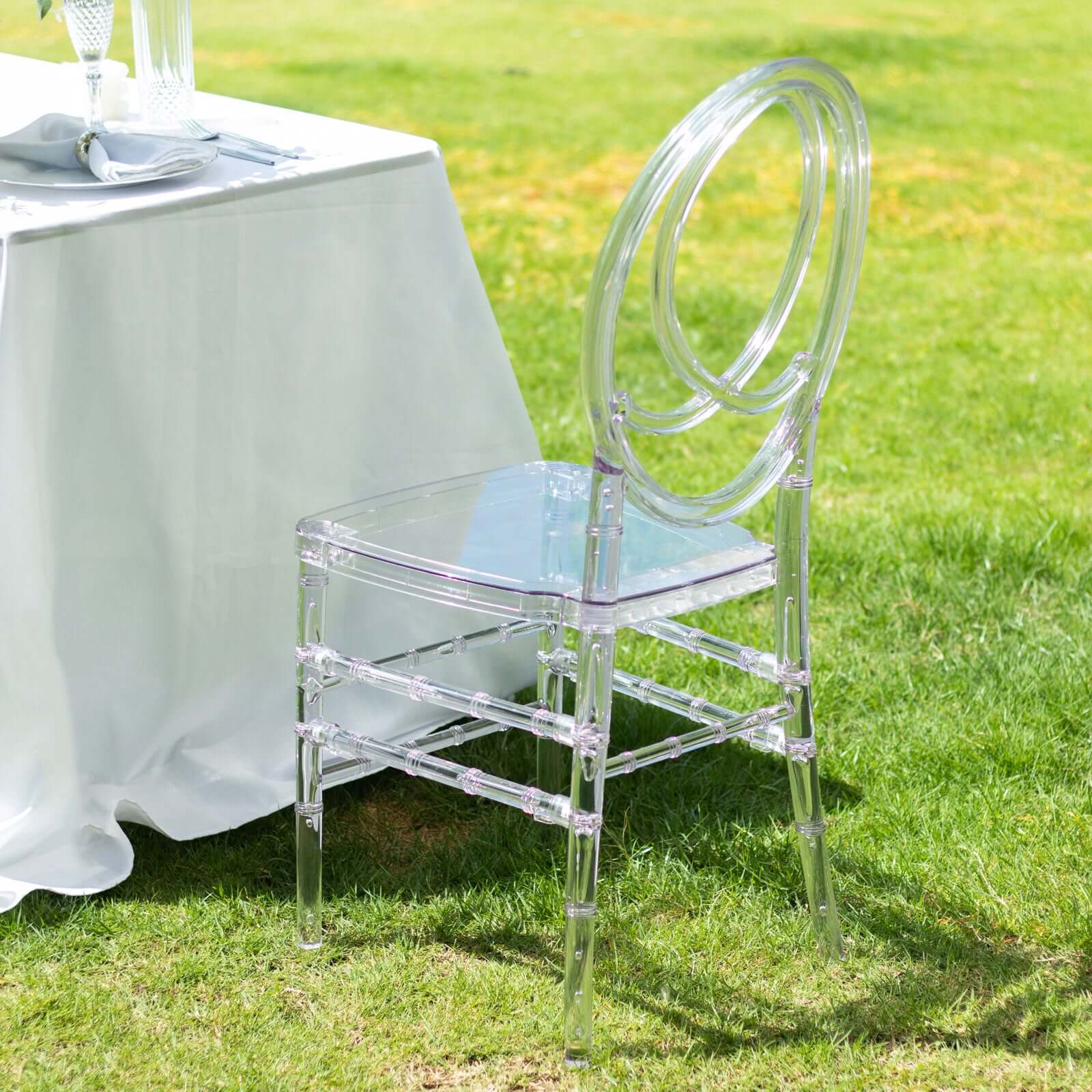 Stackable Clear Acrylic Phoenix Chiavari Ghost Chair, Transparent Resin Armless Oval Back Event Chair