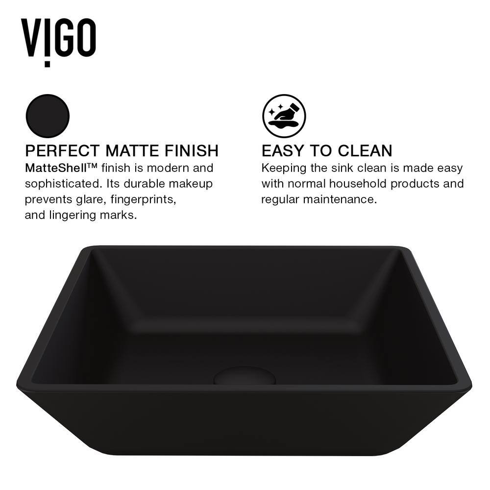 VIGO Roma Modern Black Matte Shell Glass 16 in. L x 16 in. W x 4 in. H Square Vessel Bathroom Sink VG07109