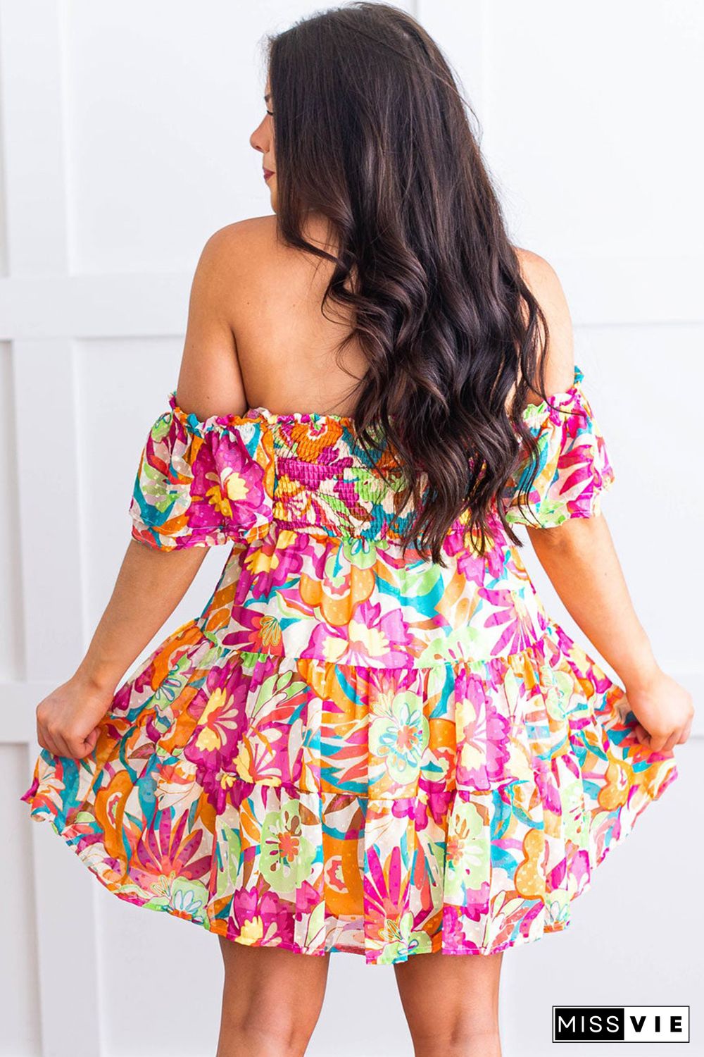 Multicolor Boho Off-shoulder Smocked Tiered Floral Dress