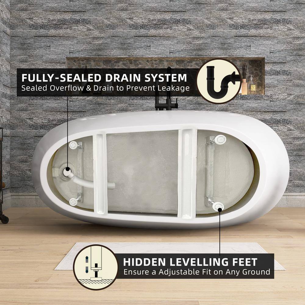 Zeafive 59 in. x 29.15 in. Acrylic Alone Soaking Tub Flatbottom Freestanding Bathtub with Anti-Clogging Drain in Glossy White Z32E9S59W