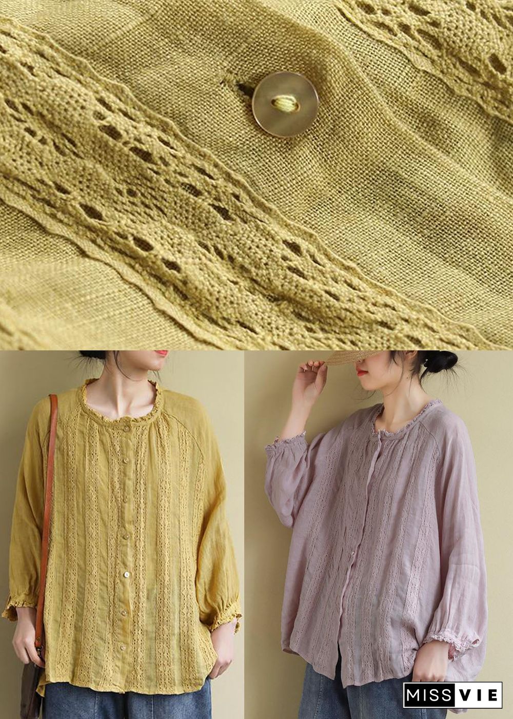 Pink Linen Shirt Tops Ruffled Long Sleeve