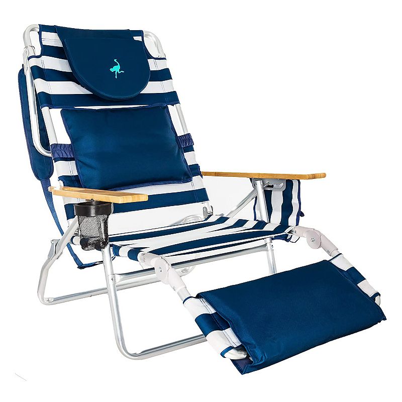 Ostrich Deluxe Padded 3-N-1 Outdoor Lounge Reclining Beach Chair， Striped Blue