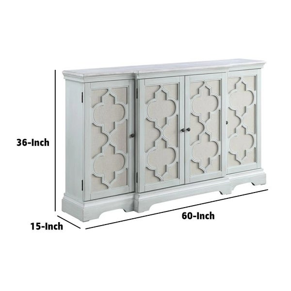 60 Inch 4 Door Wood Buffet Cabinet Console Table， Quatrefoil， Antique Blue