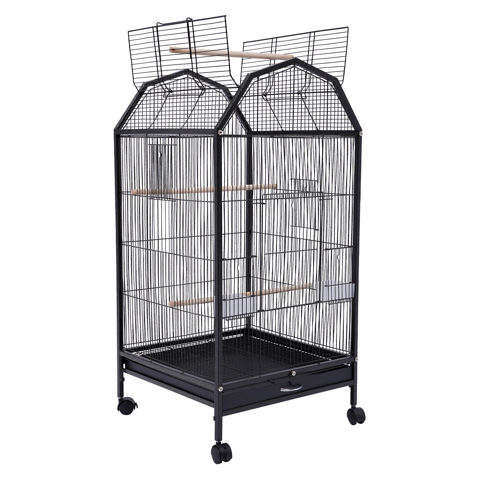 Miumaeov Black Iron Parakeet Bird Cage with Stand Metal Panorama Pet Bird Flight Cages with Wheels Feeding Cups and Standing Poles