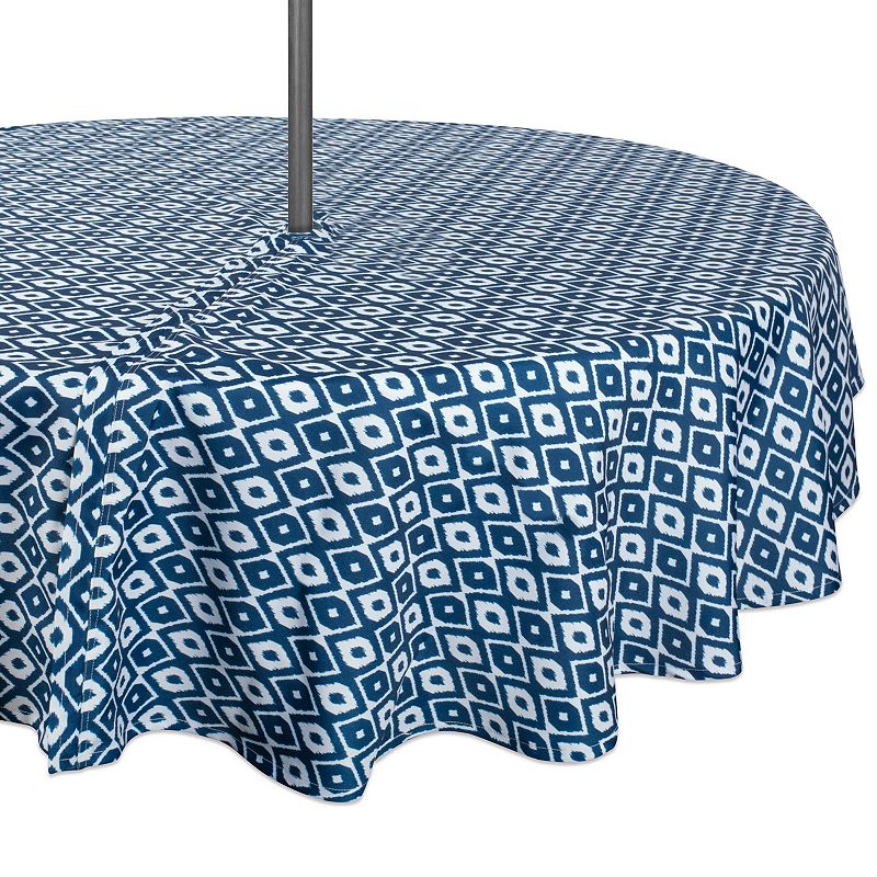 Blue and White Ikat Patterned Round Tablecloth with Zipper 52”