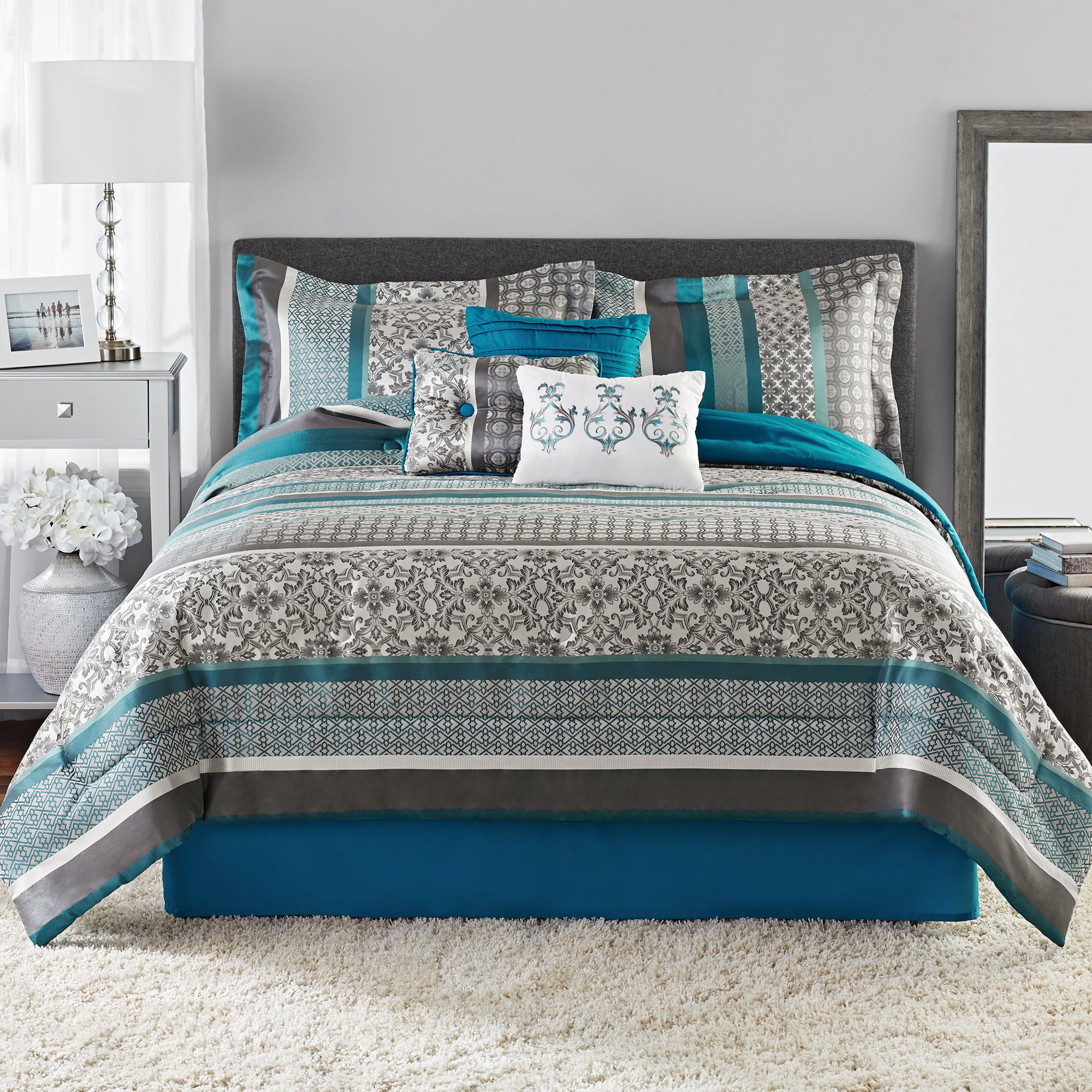 Mainstays 7 Piece Princeton Woven Jacquard Comforter Bed Set， Teal Stripe， Full/Queen