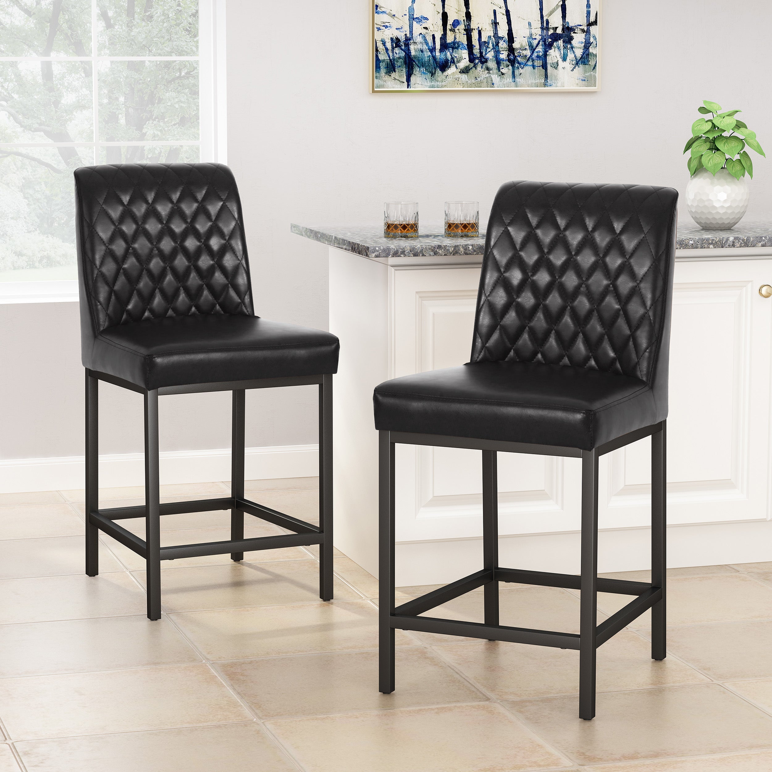 Lansing Contemporary Diamond Stitch Counter Stools, Set of 2