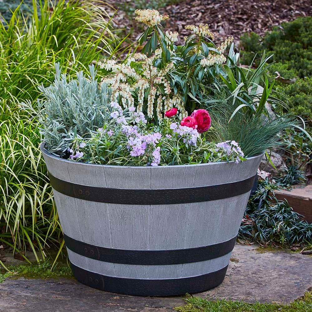 Southern Patio 22.24 in. Dia x 13 in. H 59 qt. Birchwood Gray High-Density Resin Whiskey Barrel Outdoor Planter HDR-055488