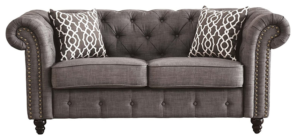 Elegant Loveseat  Cushioned Seat With 2 Pillows  ampSheltering Rolled Arms  Gray   Traditional   Loveseats   by Decor Love  Houzz