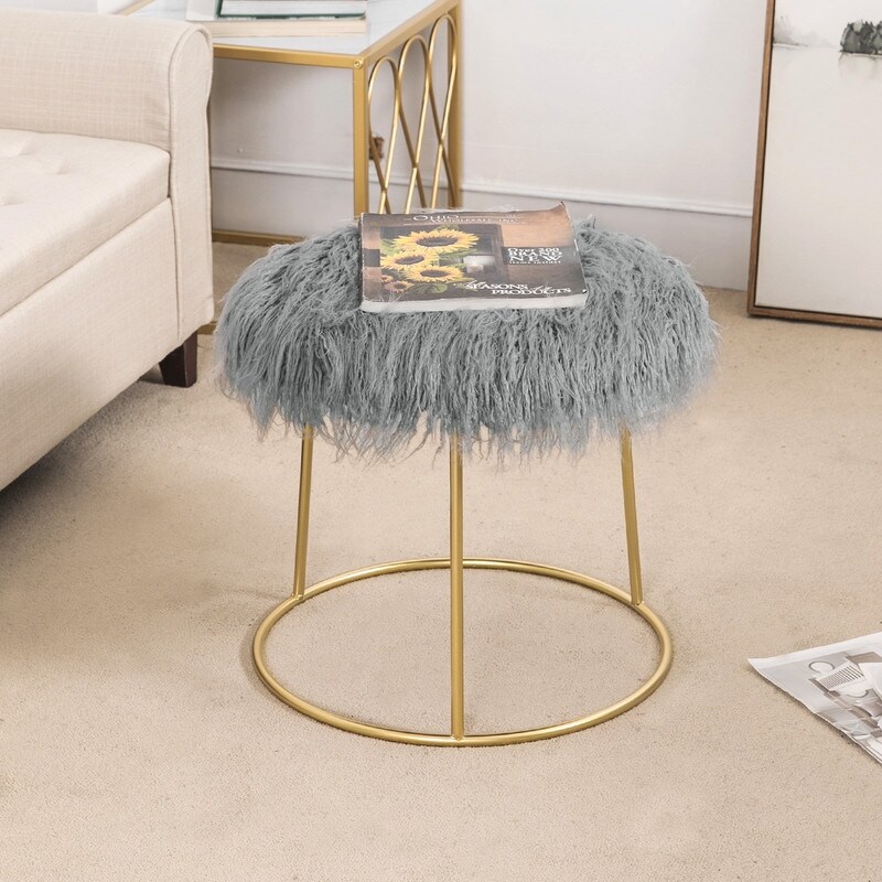 Adeco Vanity Stool Chair Fluffy Ottoman Footrest Round Metal Base