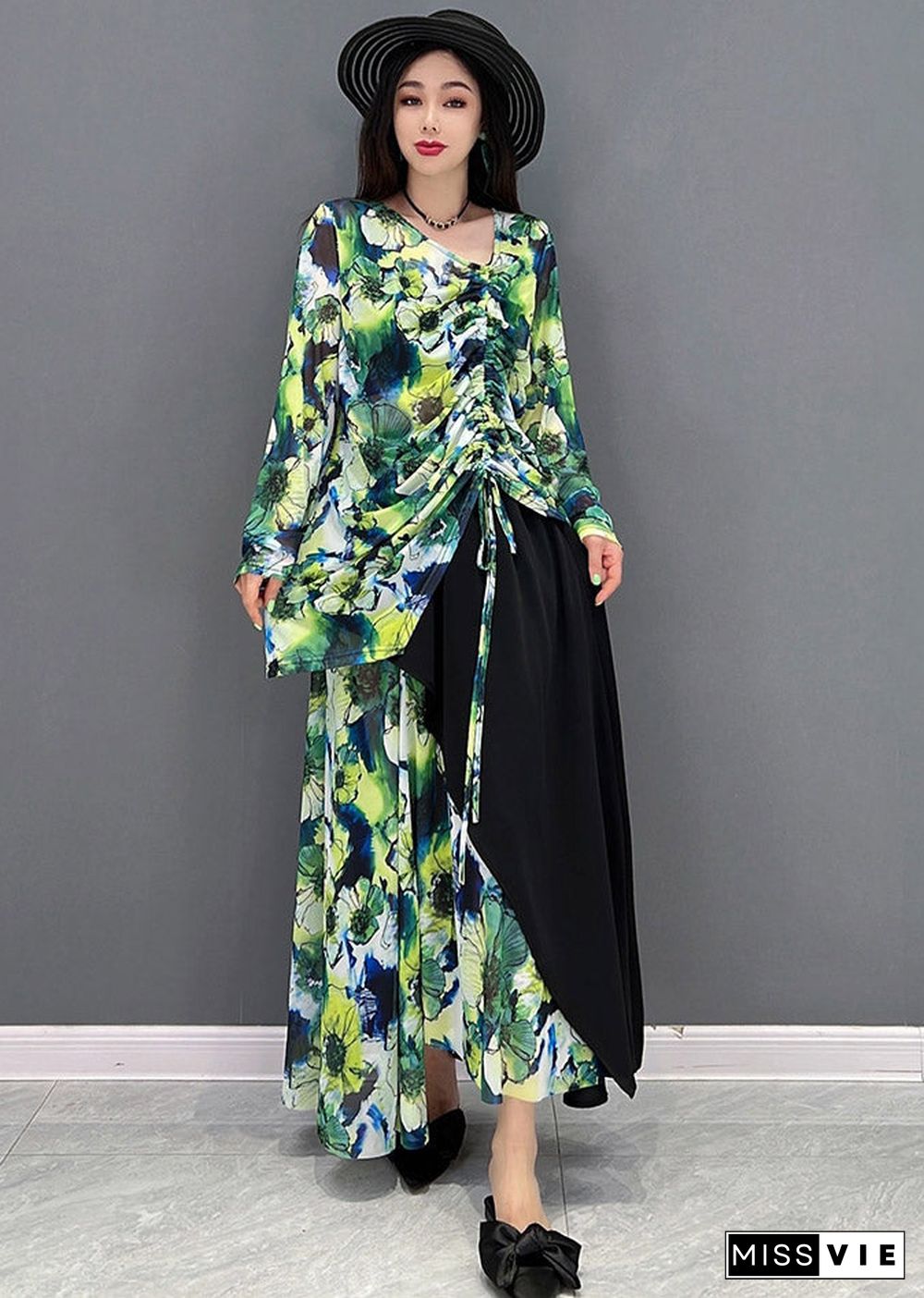 Natural Green V Neck Print Top And Maxi Skirts Two Pieces Set Summer