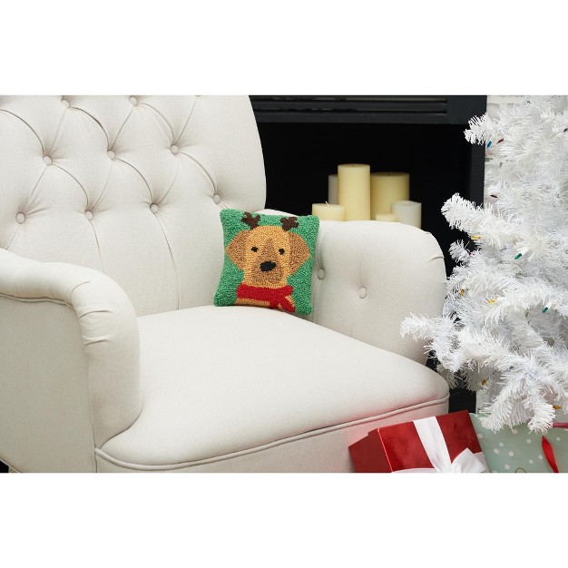 X 8 quot Christmas Golden Brown Puppy Dog With Reindeer Antlers On Green Background Petite Accent Hooked Throw Pillow