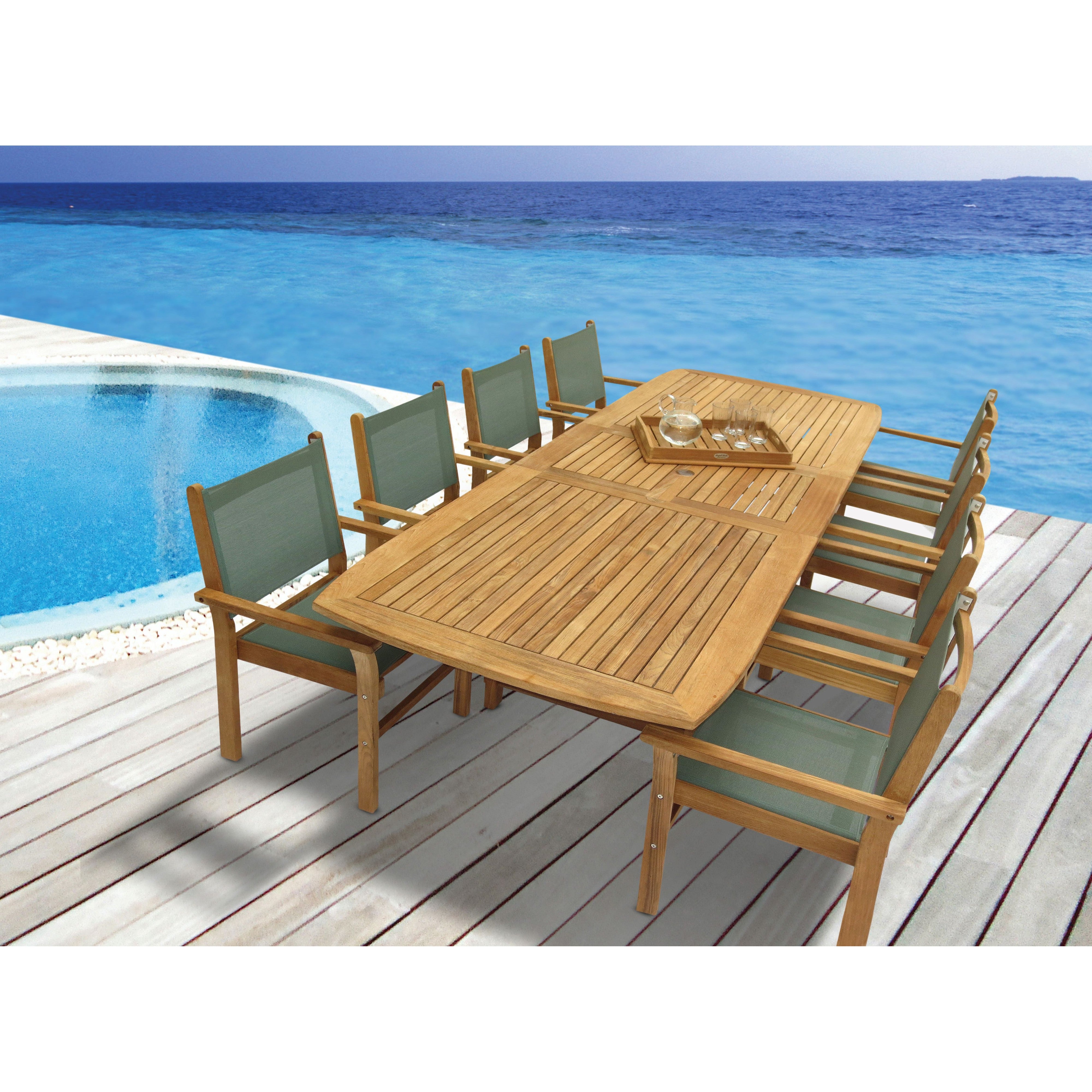 Yacht Teak Banquet 96-118 Extendable 9pc Outdoor Dining Set with 8 Yacht Armchairs