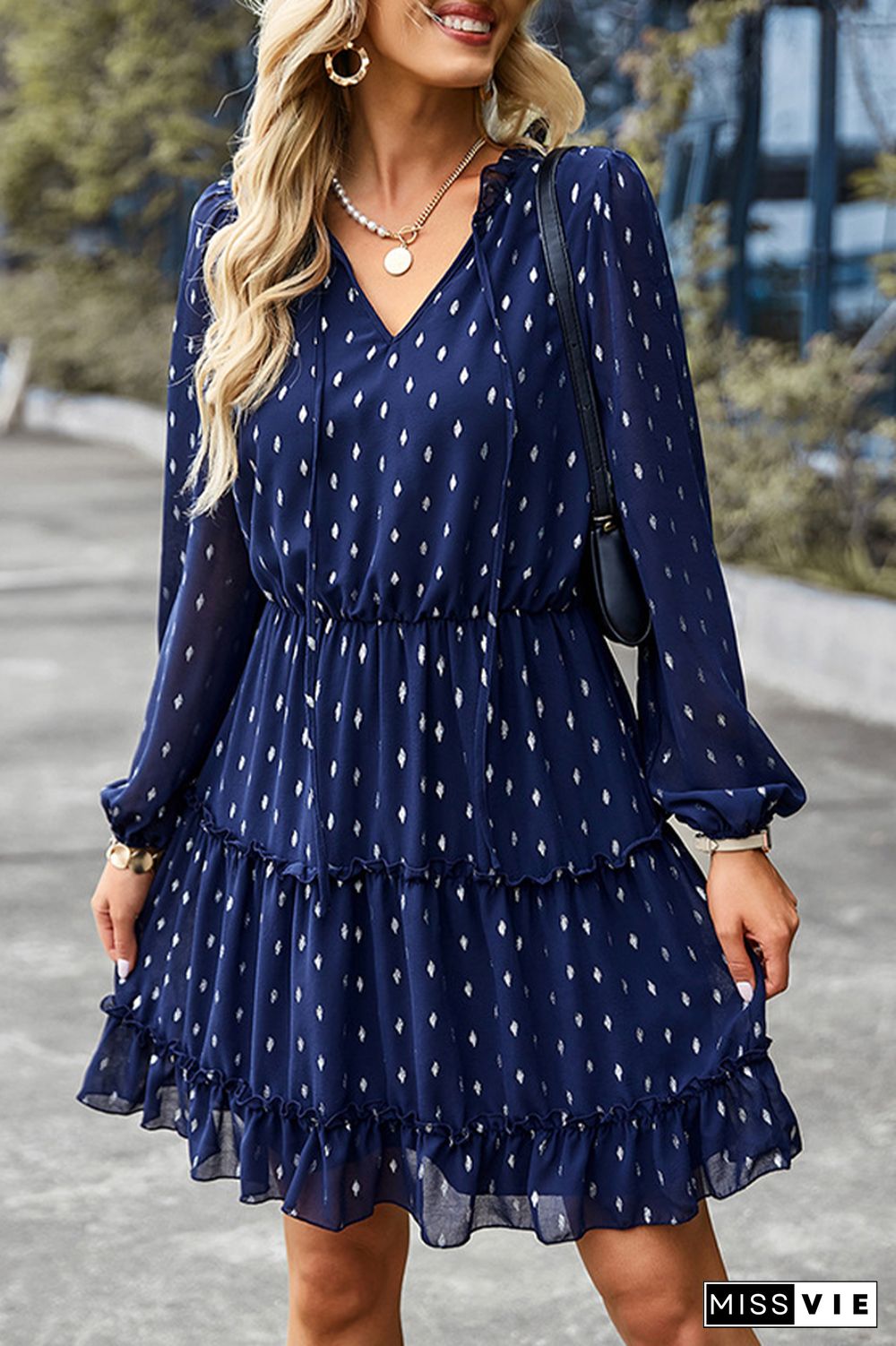 Foil Spot Print Front Tie V Neck Tiered Mini Dress