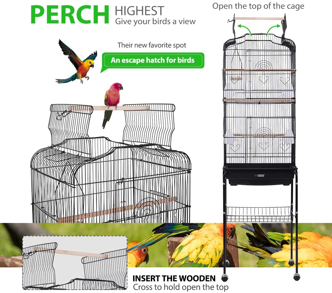 VIVOHOME 59.8 Inch Wrought Iron Bird Cage with Play Top and Rolling Stand for Parrots Conures Lovebird Cockatiel Parakeets