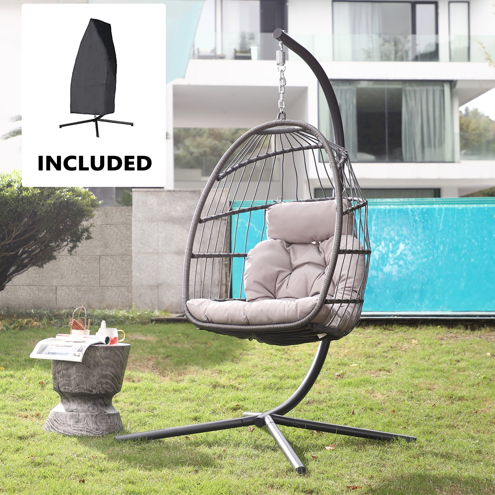 Indoor Outdoor Swing Egg Chair with Stand, Patio Foldable Grey Wicker Rattan Hanging Chair with Cushion, Light Gray