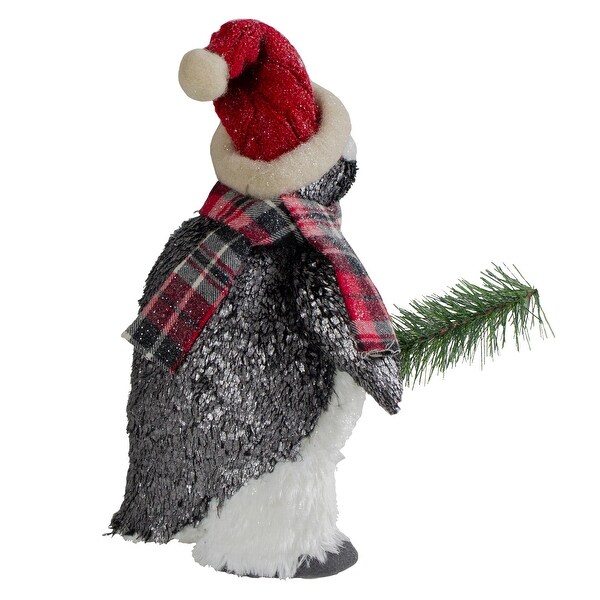 Plush Winter Penguin with Pine Branch Christmas Figure