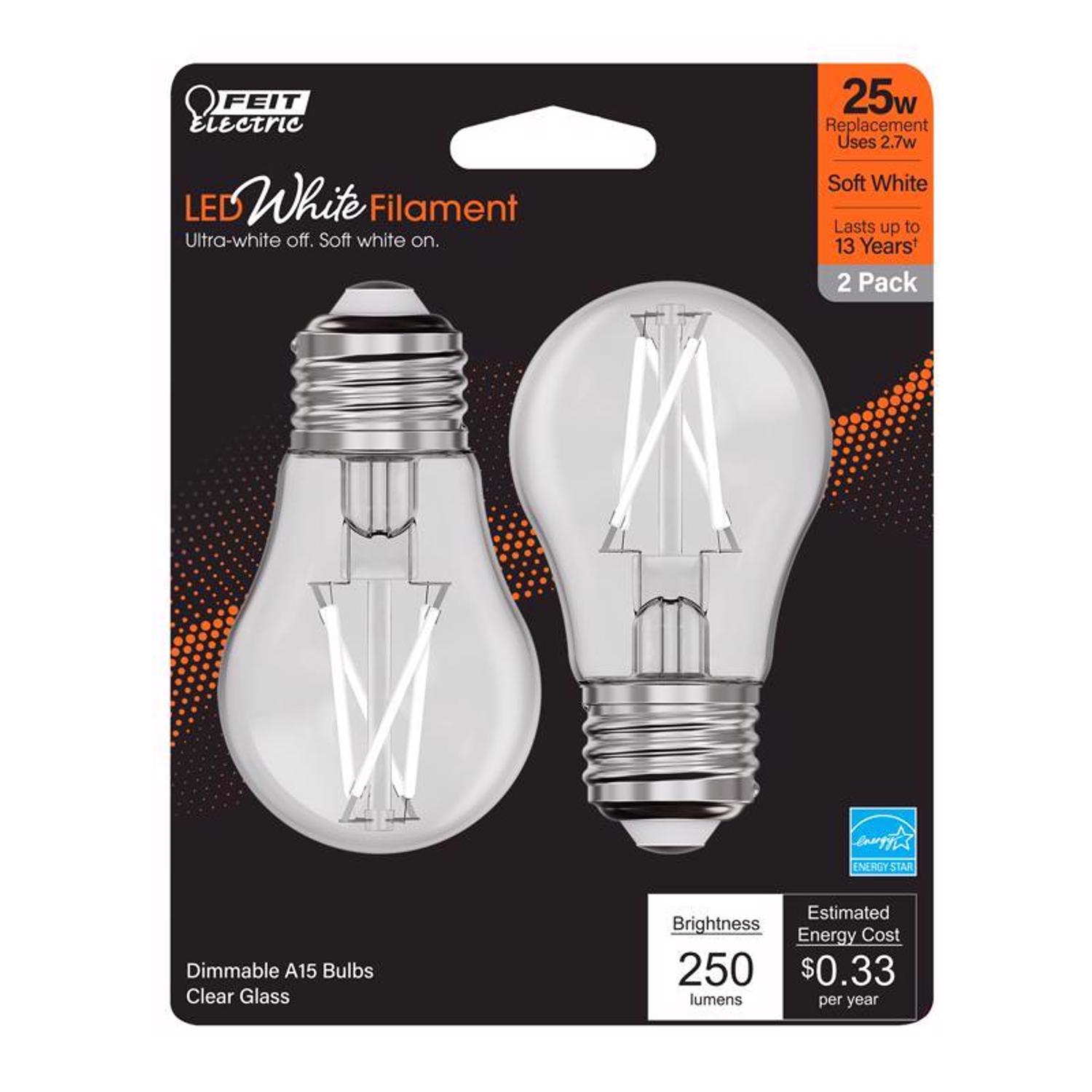 Feit White Filament A15 E26 (Medium) Filament LED Bulb Soft White 25 Watt Equivalence 2 pk