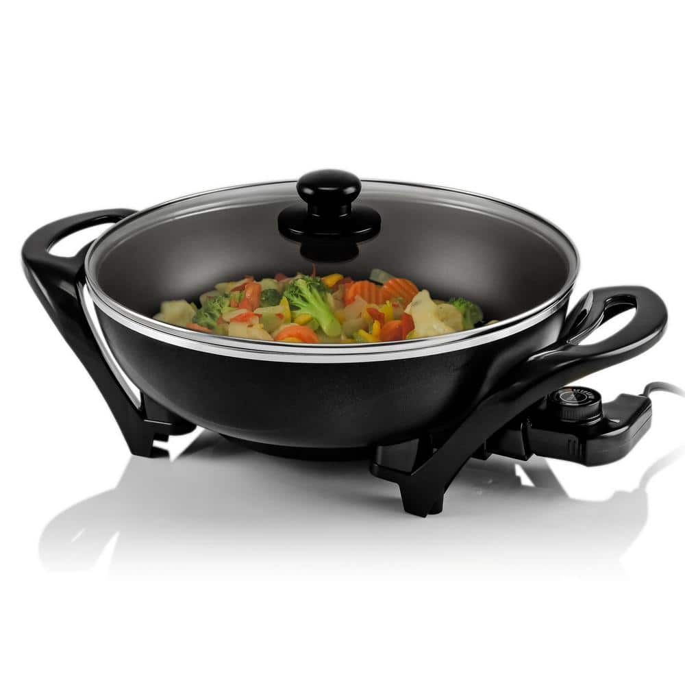 OVENTE 13 In. Black Non-Stick Electric Skillet with Aluminum Body Adjustable Temperature Controller Tempered Glass Cover SK3113B