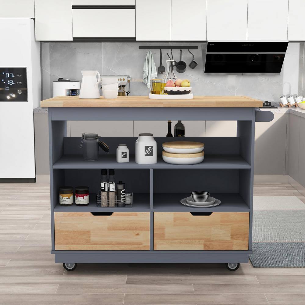 Tileon Blue Rolling Kitchen Island with Wood Top Kitchen Cart with Wheels 2-Drawers and 3 Open Shelves AYBSZHD255