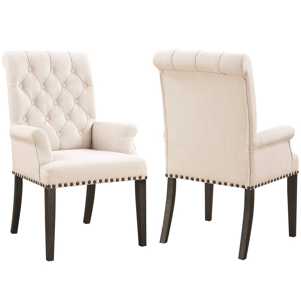 Decorative Rolled Button Beige Tufted Arm Chair with Nailhead Trim