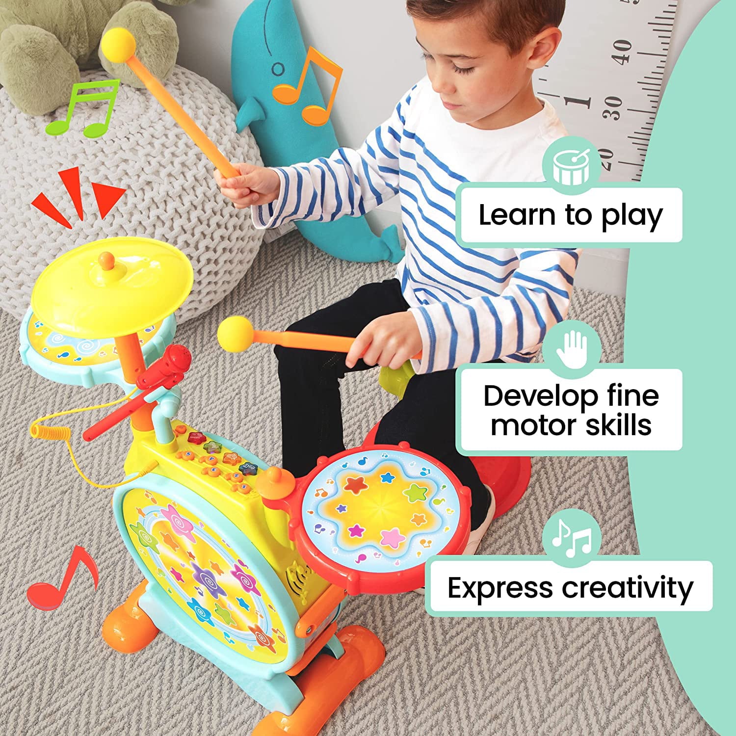 Prextex Kids Drum Set with Working Microphone， Lights， Adjustable Sound， Bass Drum， Pedal， Drum Sticks， and Little Chair for Babies Toddlers and Kids