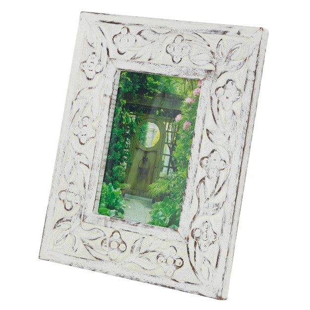 Mango Wood Floral Handmade Intricate Carved 1 Slot Photo Frame White Olivia amp May