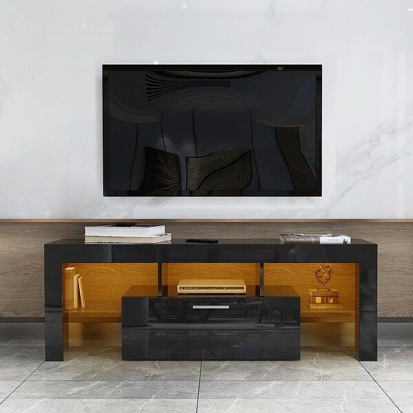 51''L RGB LED High Glossy TV Stand Console Cabinet with 2 Glass Shelf