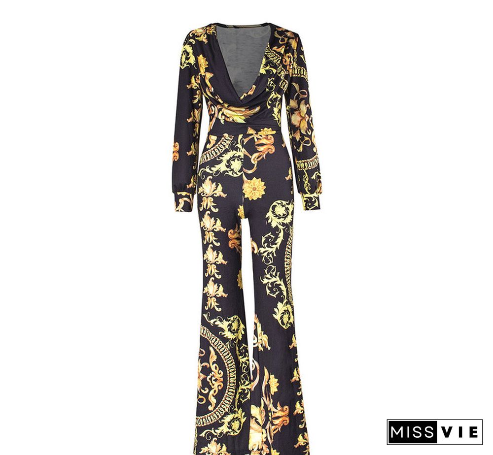 Sexy Digital Printed Deep V Long-sleeve High Waist Jumpsuit