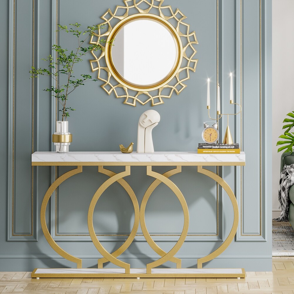 55 inch Gold Console Table  Faux Marble Entryway Table Narrow Long Sofa Table  Modern Accent Table for Living Room