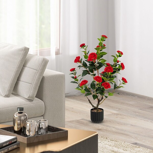 Gymax 38'' Artificial Camellia Tree Faux Floral Plant Fake Tree for