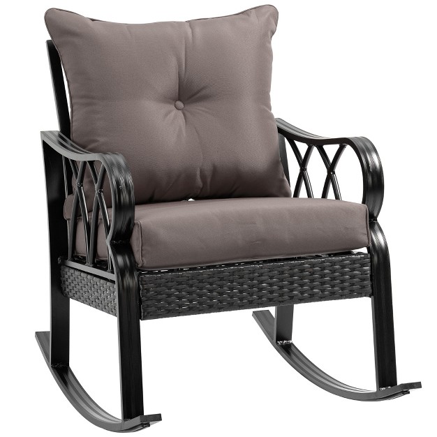 Outsunny Outdoor Wicker Rocking Chair With Padded Cushions Aluminum Furniture Rattan Porch Rocker Chair W Armrest For Garden Patio And Backyard