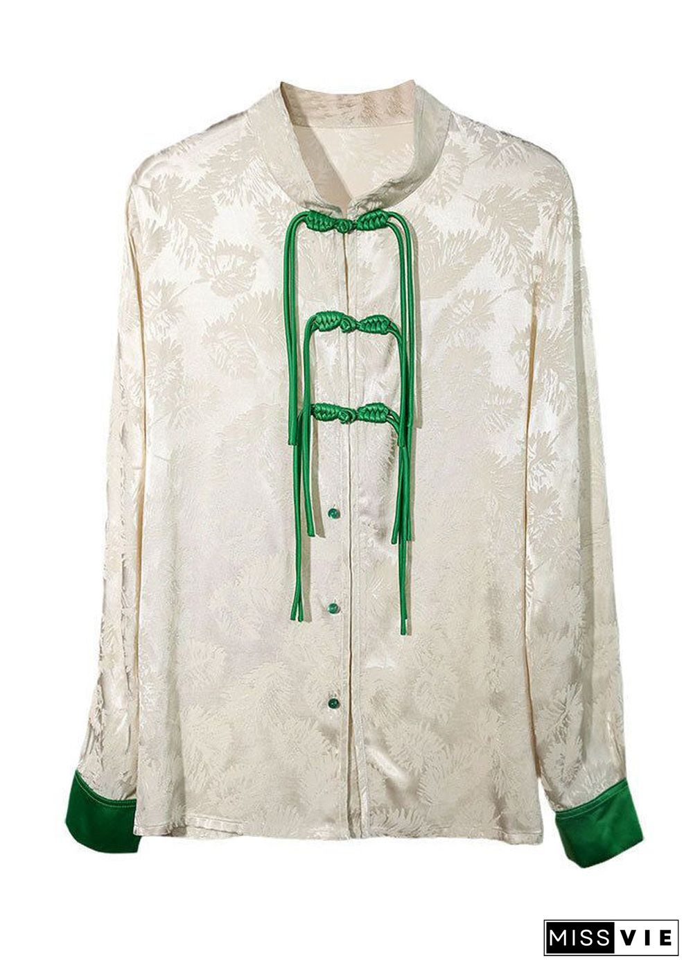 Chinese Style White Mandarin Collar Jacquard Tassel Silk Shirt Spring