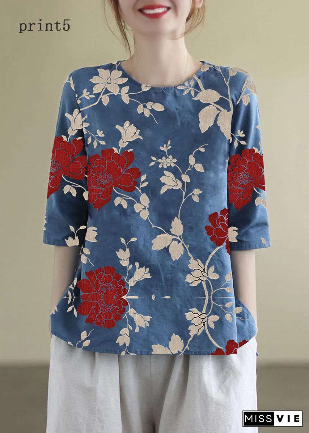 French Print3 O-Neck Embroideried Cotton Blouses Half Sleeve