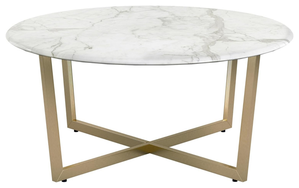 Contemporary Coffee Table  Crossed Golden Base  ampLaminated Round Faux Marble Top   Contemporary   Coffee Tables   by Decor Love  Houzz