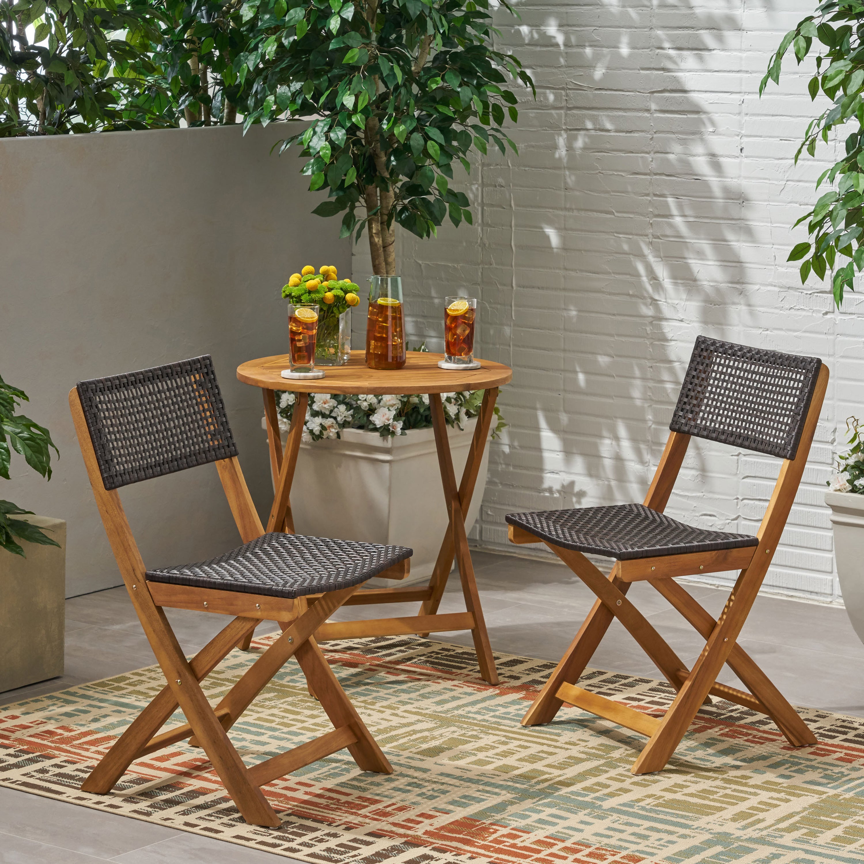 Truda Outdoor Acacia Wood Foldable Bistro Chairs with Wicker Seating (Set of 2)